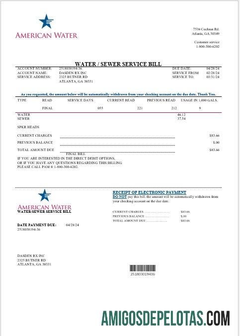 Em branco modelo de conta de serviços públicos de água dos EUA, Geórgia, EUA, em formatos Word e PDF